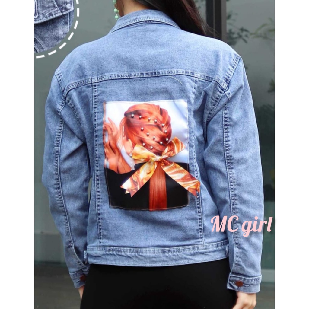 ( Bisa COD ) MC girl - Jaket Jeans Snow Gambar Belakang / Jaket Lepis Gambar Pita Goyang Wanita / Jacket Denim Gambar Pita Belakang