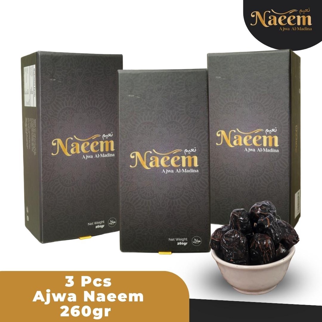 

Kurma Ajwa Naeem 260gr 2pcs (Free Ajwa Naeem 260ml + Free Baby Gold) Ajwa Al-Madinah Asli