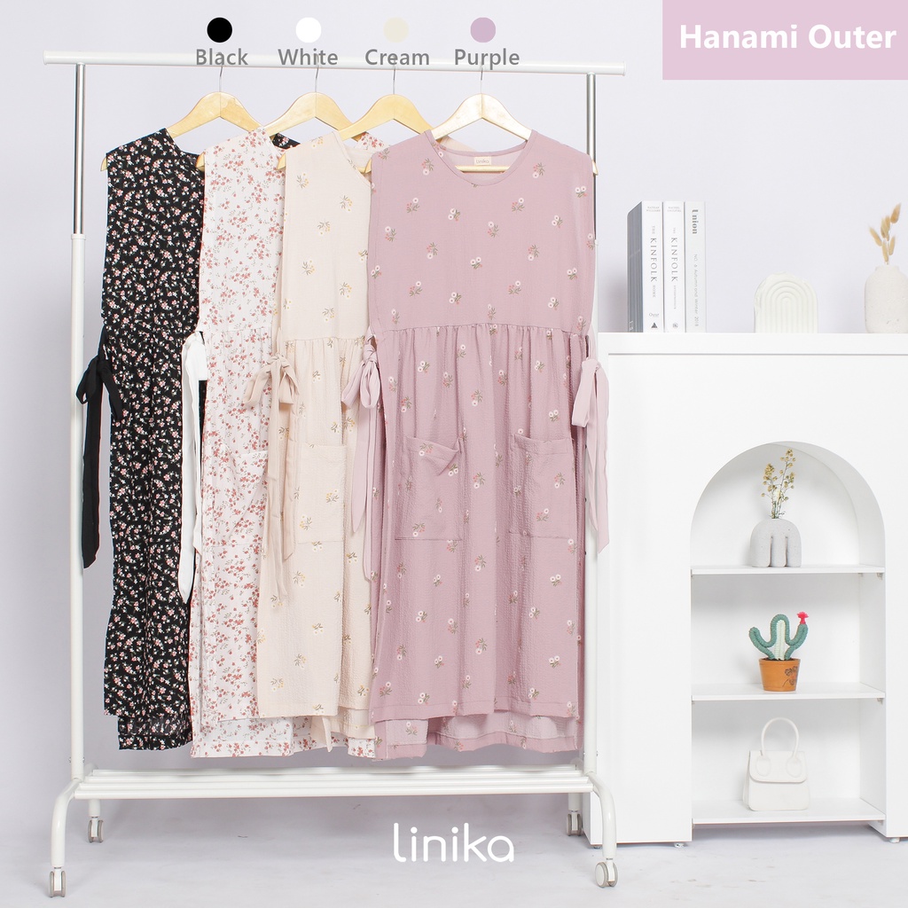 Linika Hanami Long Outer | Apron Dress Vest Rompi Panjang Bahan Crinkle Motif Bunga Lucu