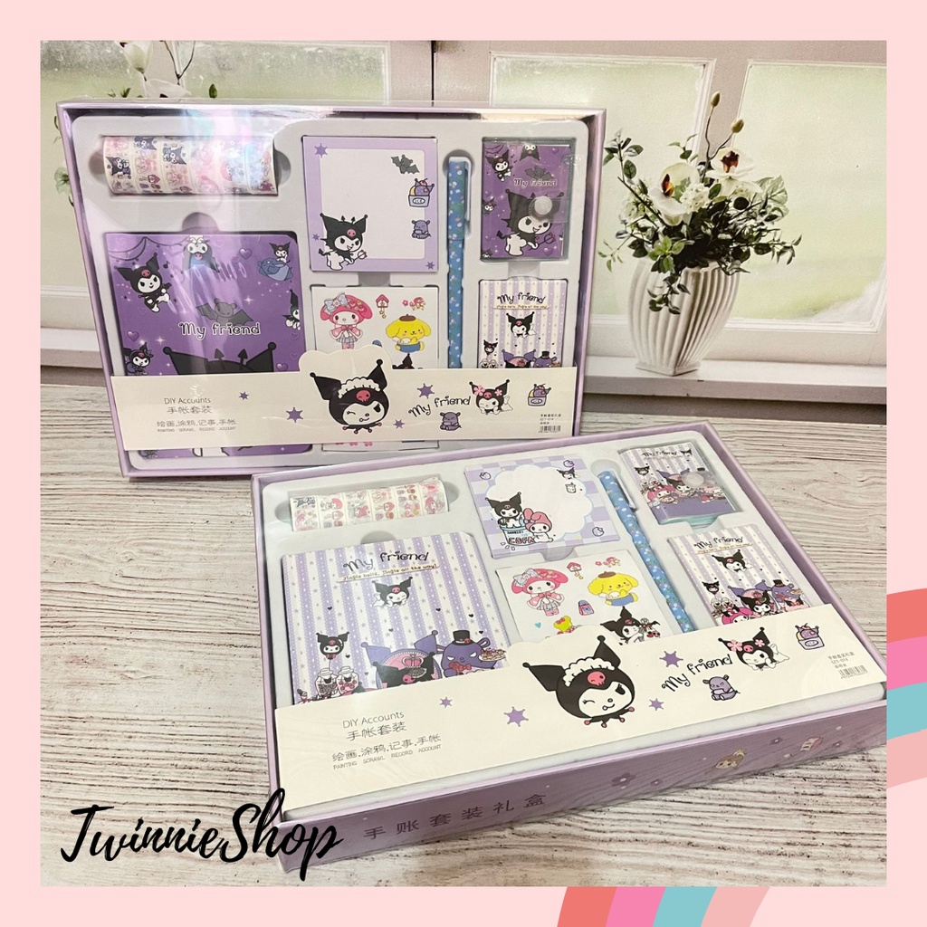 

Jurnal 7 in 1 Kuromi Washi Tape Stiker Sticker Notebook Pulpen Lucu Ungu Buku Alat tulis Unik 1 Set isi 7
