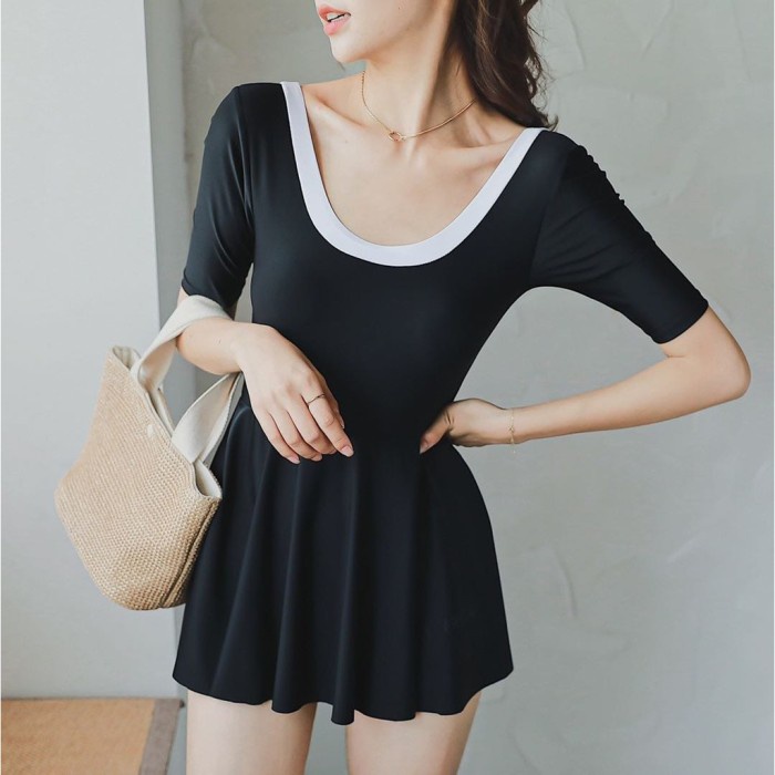 Baju Renang Wanita Swimsuit Baju Renang Wanita Import Backless Model Lengan Pendek 9009 - BLACK, M(B