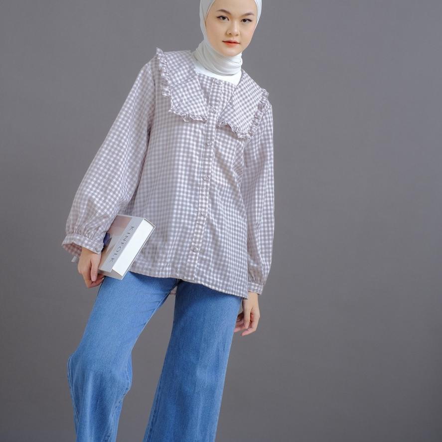 ♂ Mayoutfit Deian Blouse | Kemeja Katun Kerah Ruffle Motif Kotak Ω