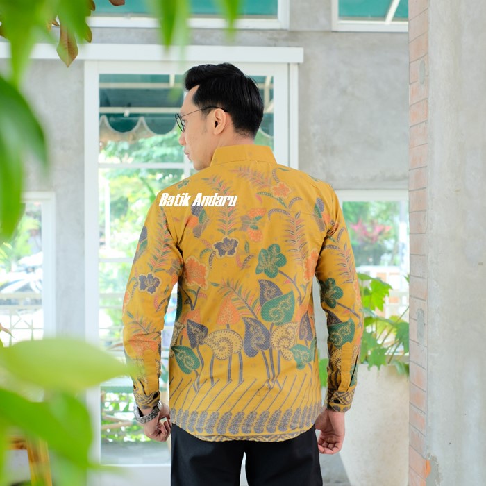 Baju Kemeja Batik Pria Slim Fit Lengan Panjang Modern Heem Premium Warna Lemon Kuning Soft