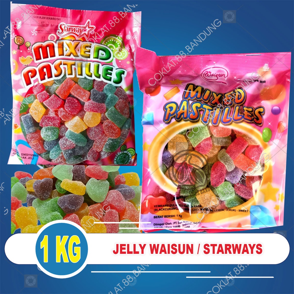 

WAISUN JELLY 1KG MIXED PASTILLES 1 KG HALAL, PERMEN JELI WAISUN STARWAYS 1 KILO GRAM YUPI