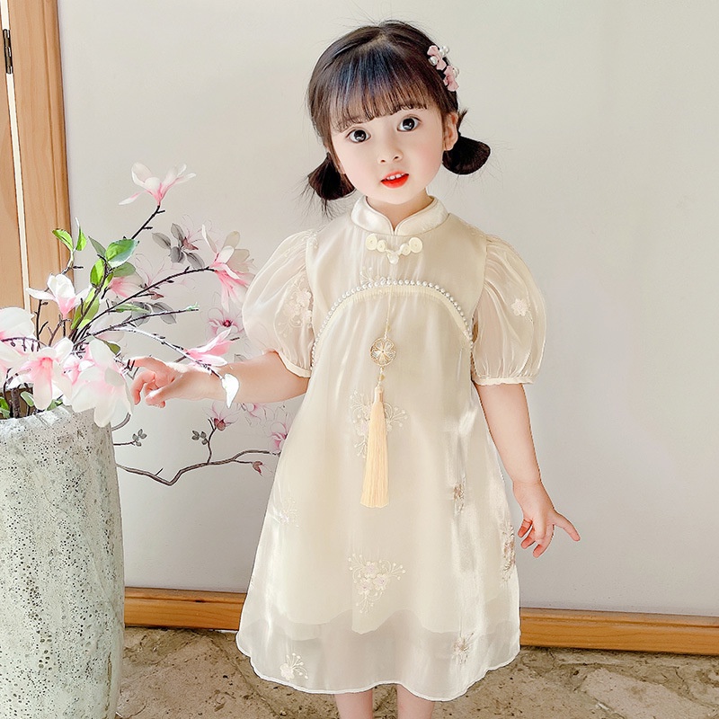 Dress Cheonsam Anak Perempuan Import Bunga Mutiara Brokenwhite