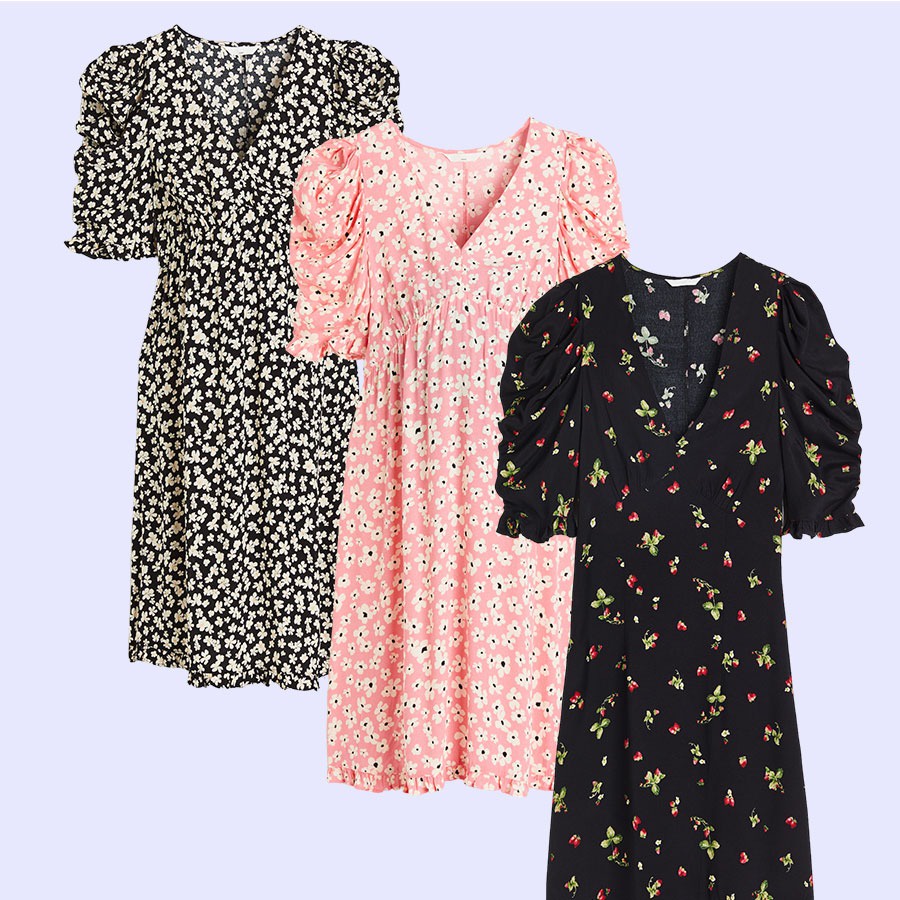 LOVEMECORNER LIMITED STOCK H&M PUFFSLEEVE DRESS MIDI DRESS WANITA HITAM PINK PRINTED MOTIF BUNGA DRE