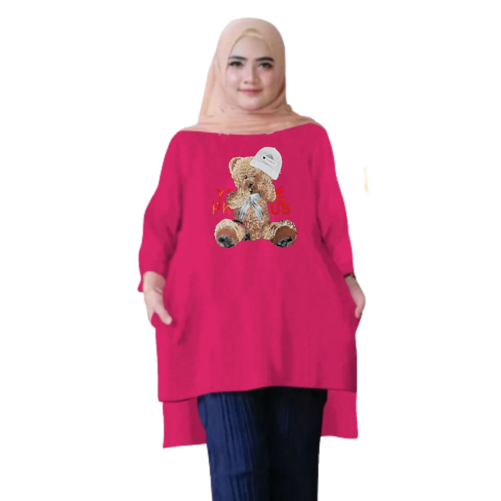 Atasan Baju Tunik Kaos Wanita Oversize LD 130 Cm Terbaru 2023 Viral Gambar DTF Bahan Kaos Babyterry . Atasan Baju Wanita Santai Tunik Wanita Dewasa Cewek Jumbo Kekinian Murah Big Size Beruang Topi