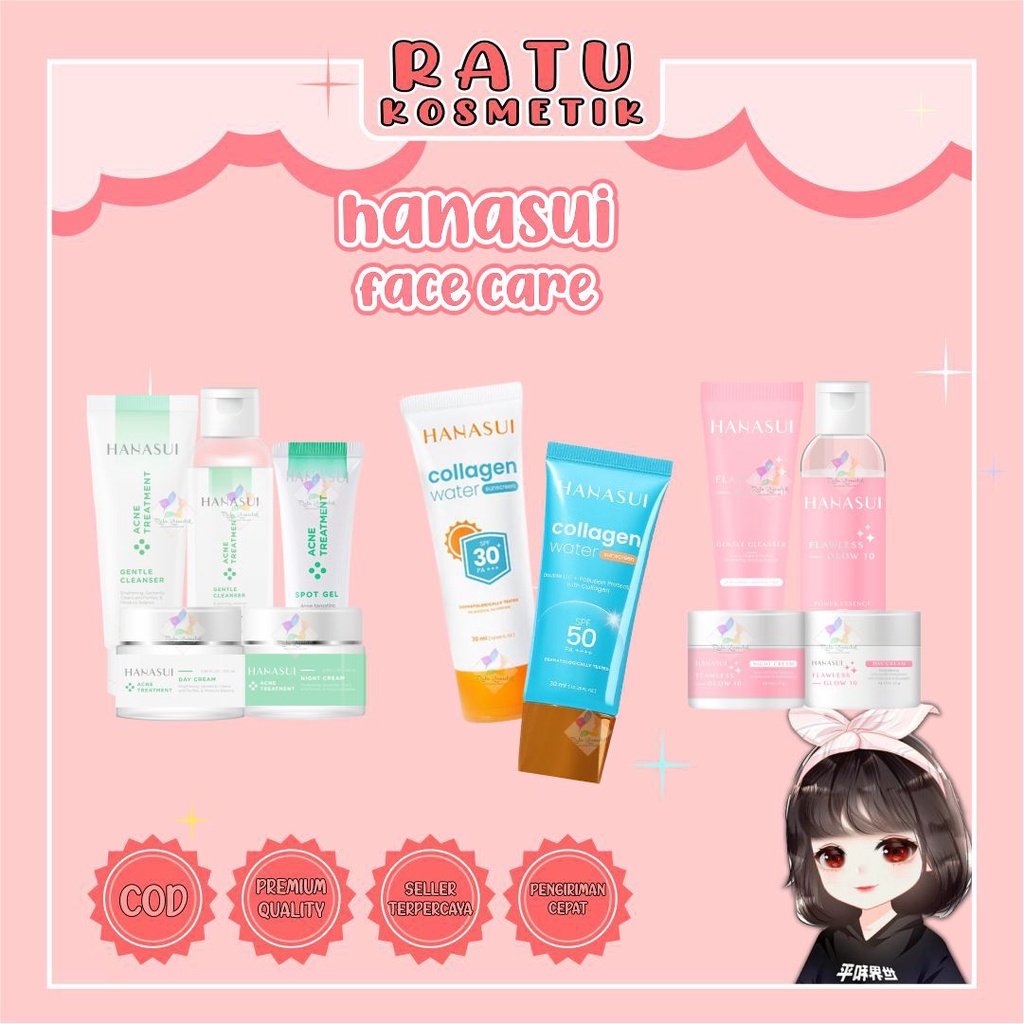 ❤ RATU ❤ Hanasui Flawless Glow | Acne Treatment | Collagen Water Sunscreen Spf 50++ Tabir Surya Sun Screen Spf 30 | Cream Day Night Essense toner Face Wash