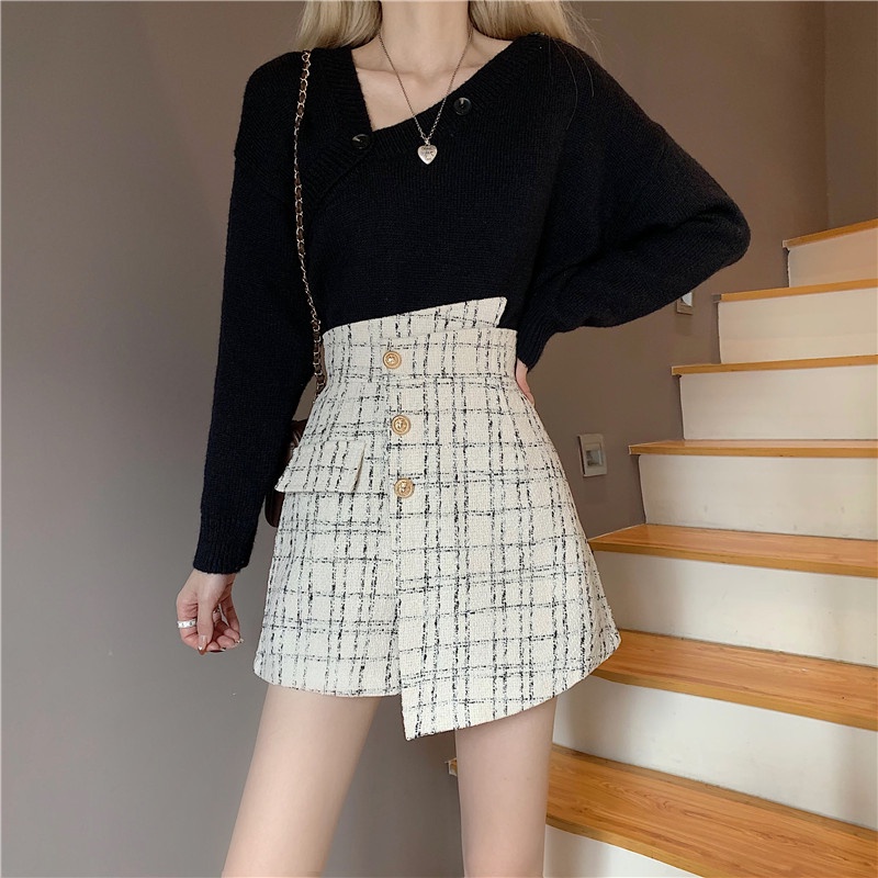 A-line Rok Pendek Korea kotak-kotak Rok Celana Highwaist Kekinian Straight Vintage Mini Skirt