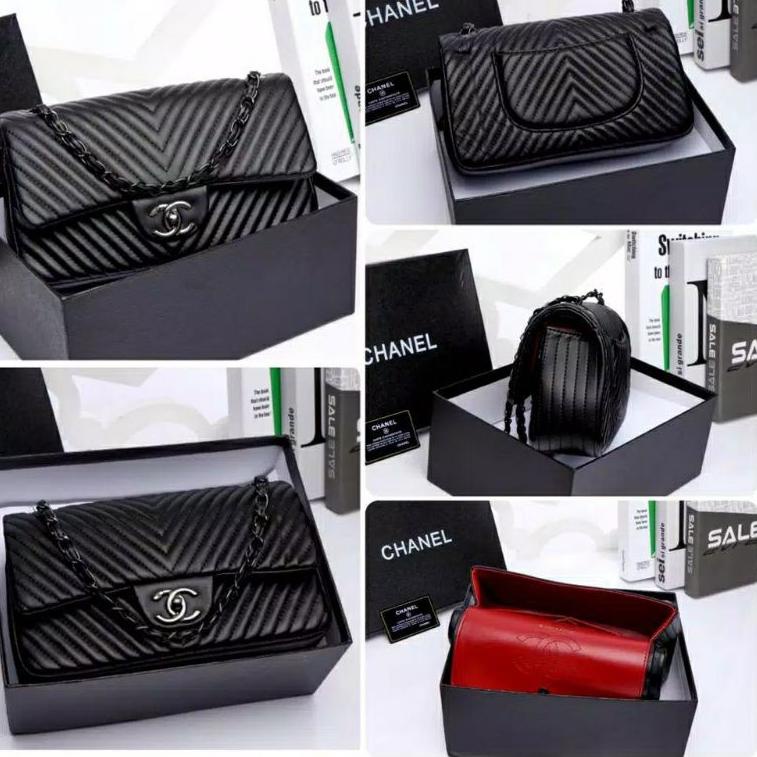 PALING DIMINATI TAS IMPORT MAXY CHEVRON FREE BOX DAN PAPERBAG KOMPLIT ACC. HITAM PREMIUM FLAP LAMBSK