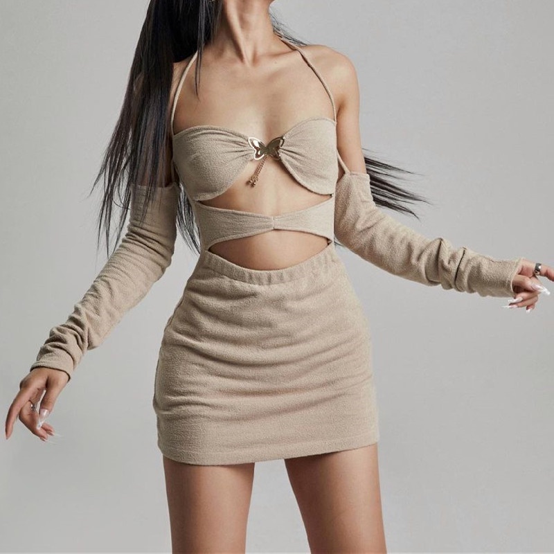 【AMY J】Long Sleeve Bodycon Plated Hollow Out  Dress 7558