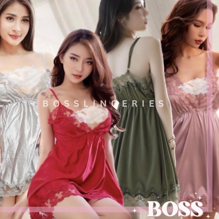 ☝ sua211 Babydoll Clubbing Dress Lingerie Sleepwear Satin Upper Hem Lace Merah Hitam Dusty Pink Abu 