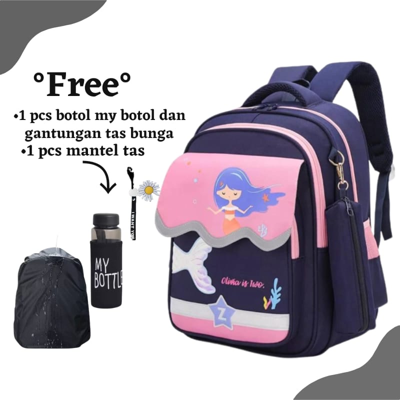 Tas Ransel Anak Sekolah Perempuan SD TK PAUD Motif Kartun Putri Duyung tas ransel free botol minum dan mantel tas