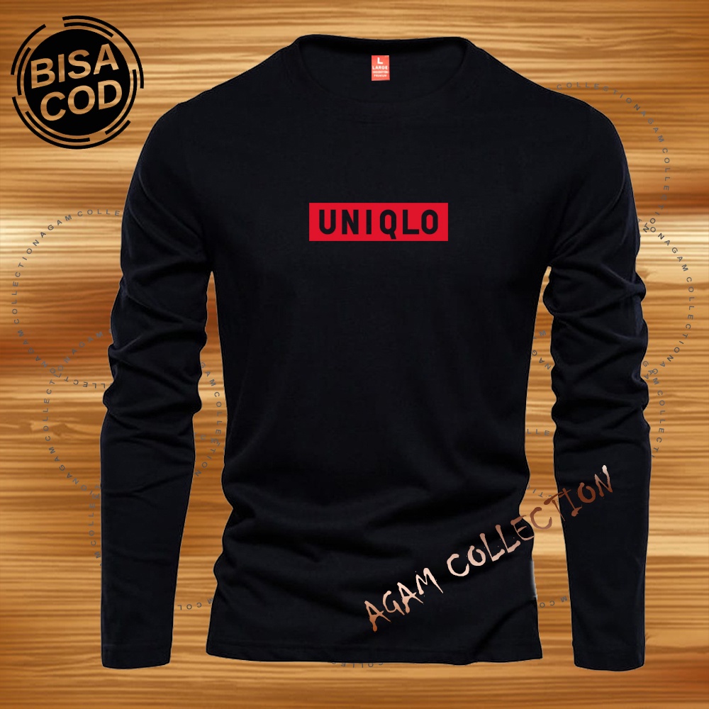 Agam Collection Baju Kaos Distro UniQlo Blok Text Merah Lengan Panjang Premium Quality Kaos Pria Keren Kaos Cewek/Cowok