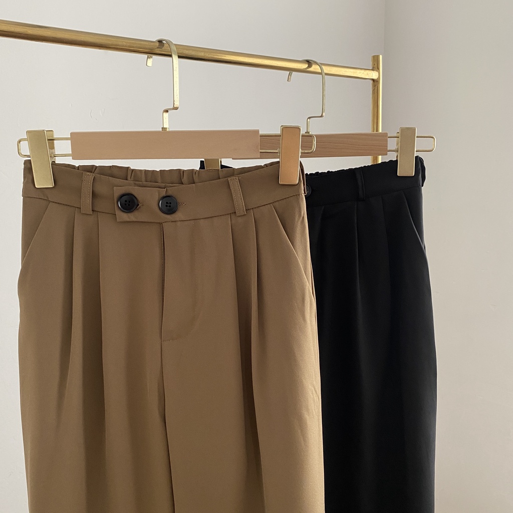 [Import]Celana Panjang Hitam Loose Kancing Dua Wanita Korean Style High Waist Straight Pants