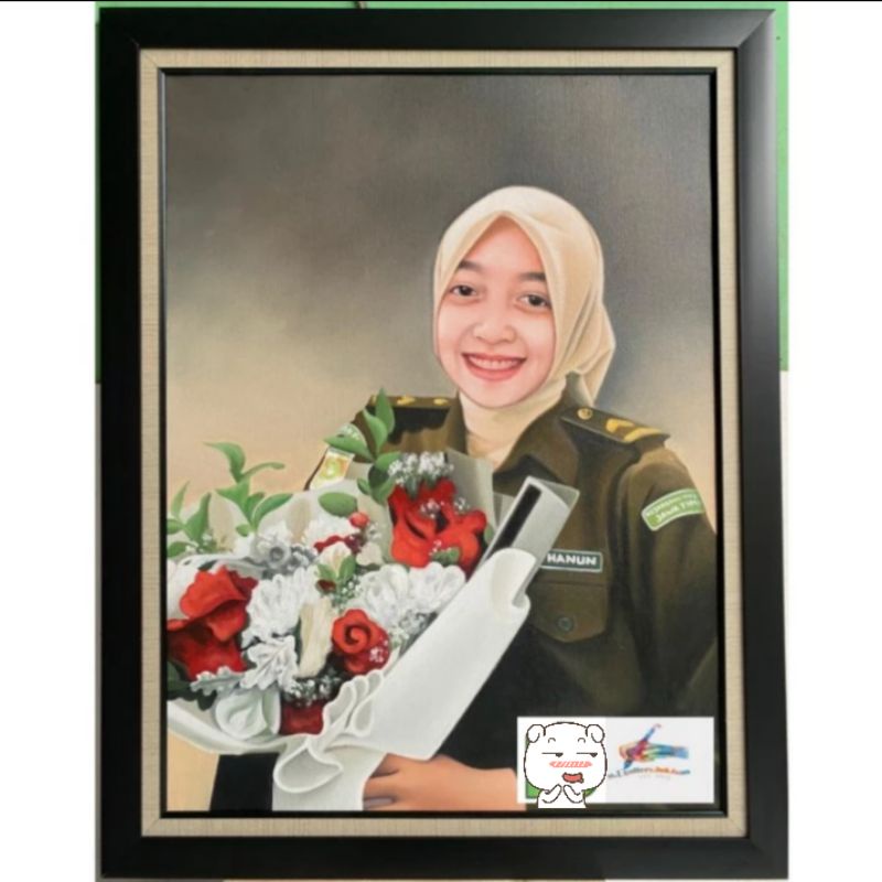 Lukisan custom wajah akrilik oil on canvas ukuran 80×100cm (1wajah) Free bingkai | Free packing kayu