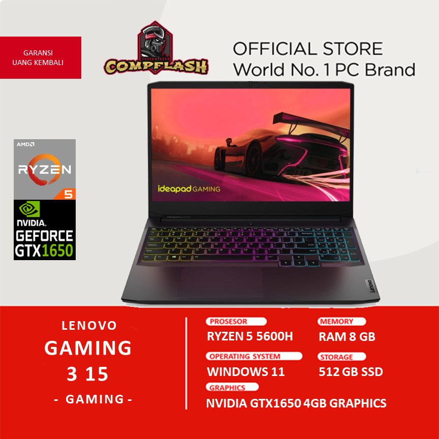 LAPTOP LENOVO GAMING 3 15 RYZEN 7 5800H 8GB 512SSD RTX3050 4GB W11+OHS 15.6FHD IPS 165HZ BACKLIT - BLACK