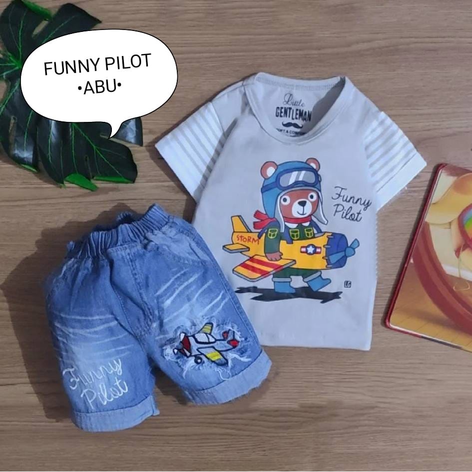 Setelan Baju Bayi Laki-laki 3-12 Bulan Kaos dan Celana Jeans Motif Funny Pilot