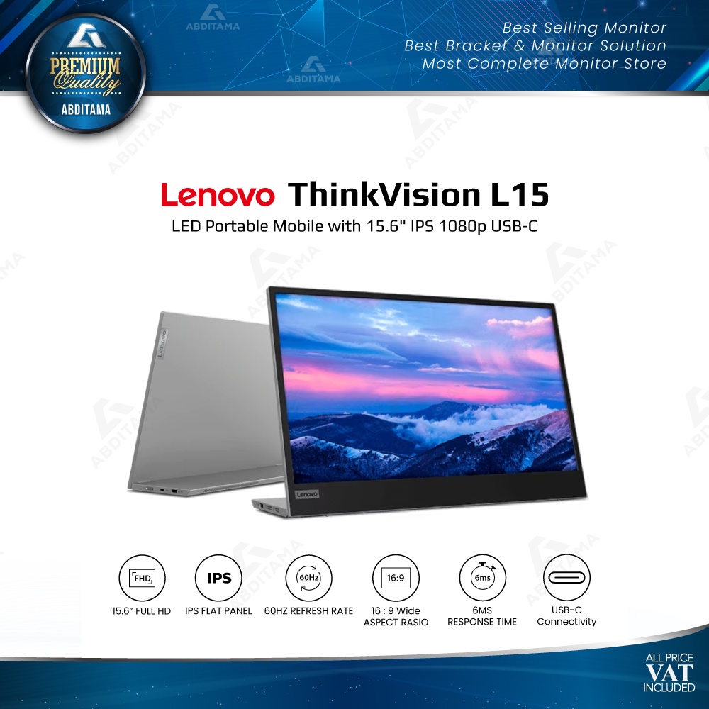 Monitor LED Portable Mobile Lenovo L15 15.6&quot; IPS 1080p USB-C