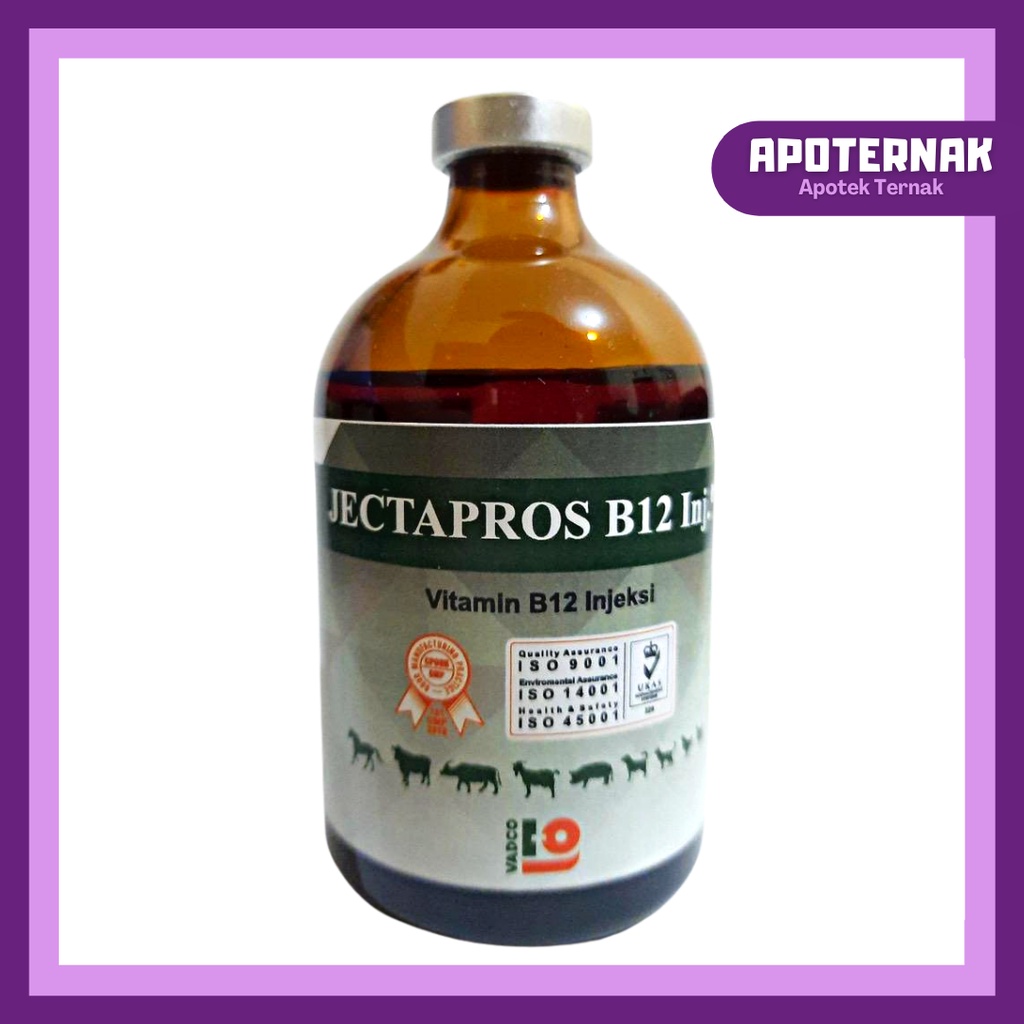 JECTAPROS B12 INJ | Vitamin B12 Hewan Ternak Sapi Kuda Kambing Babi Anjing | Seperti Jectavit B12 Sanbe | 100 mL | VADCO | Apoternak