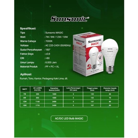 SUNSONIC LAMPU LED EMERGENCY MAGIC 7W 9W 12W 18W AC DC SUNSONIC 7 Watt 9Watt 12 Watt 18Watt Listrik Padam Otomatis Nyala