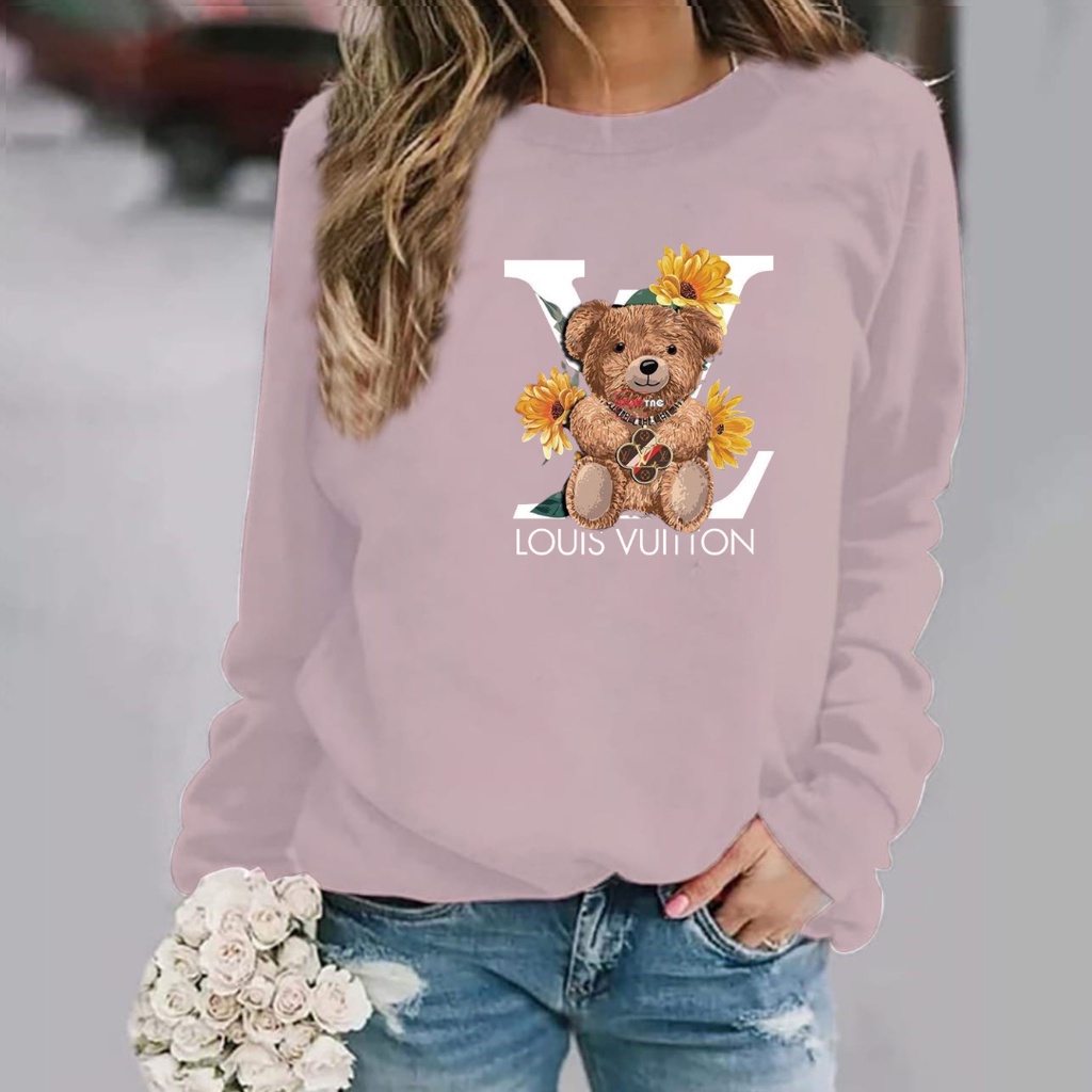 Baju lengan panjang wanita logo TEDDY BEAR LV / kaos distro model sweater keren trendy dan kekinian