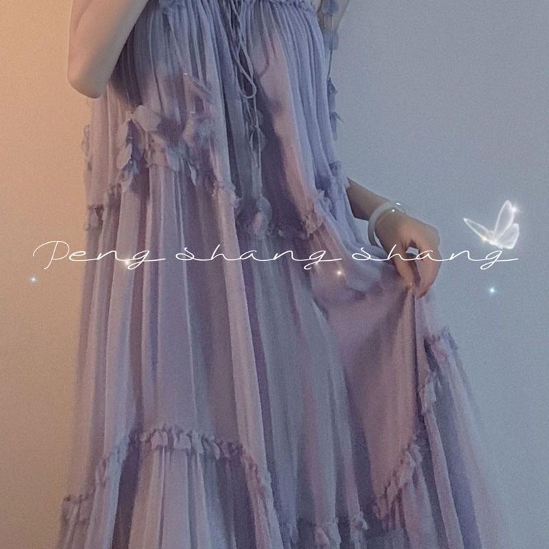 Gaun peri peri super lembut Prancis yang lembut, ceruk desain ceruk rasa resor tepi pantai, gaya gau