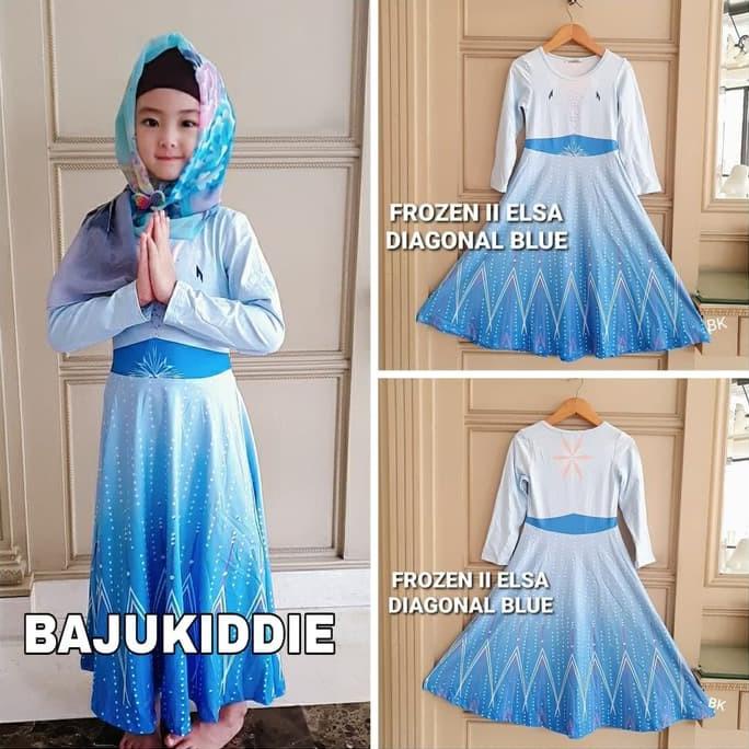 Frozen Ii Diagonal Dress Anak Perempuan Gamis Lebaran Elsa Biru Import