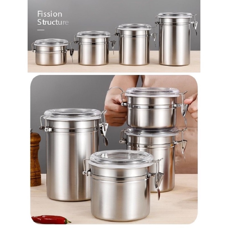 Toples Kedap Udara 1 Set Isi 4 Stainless Steel / Tempat Gula Kopi Bumbu Dapur 4inch/5inch / Toples Makanan