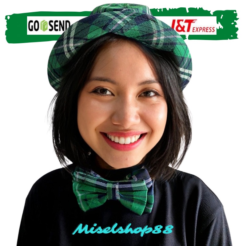 1 set topi dan dasi kupu kupu motif hijau