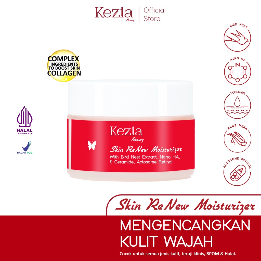 KEZIA Beauty Skin ReNew Moisturizer 30gr with Birdnest, 4 Peptide &amp; Nano HA - Pelembab Wajah Memperbaiki Skin Barrier dan Anti Aging