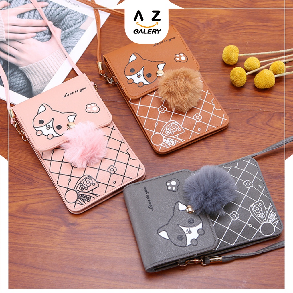 TAS SELEMPANG WANITA UNTUK HP MOTIF ANIMAL DENGAN BULU BOLA SLING BAG WOMEN COD IMPORT Azgalery T192