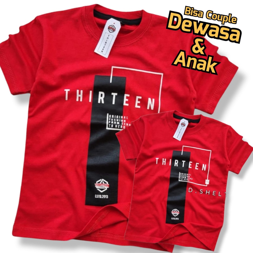 KAOS DISTRO COUPLE ANAK DAN DEWASA THIRTEEN MERAH LIST