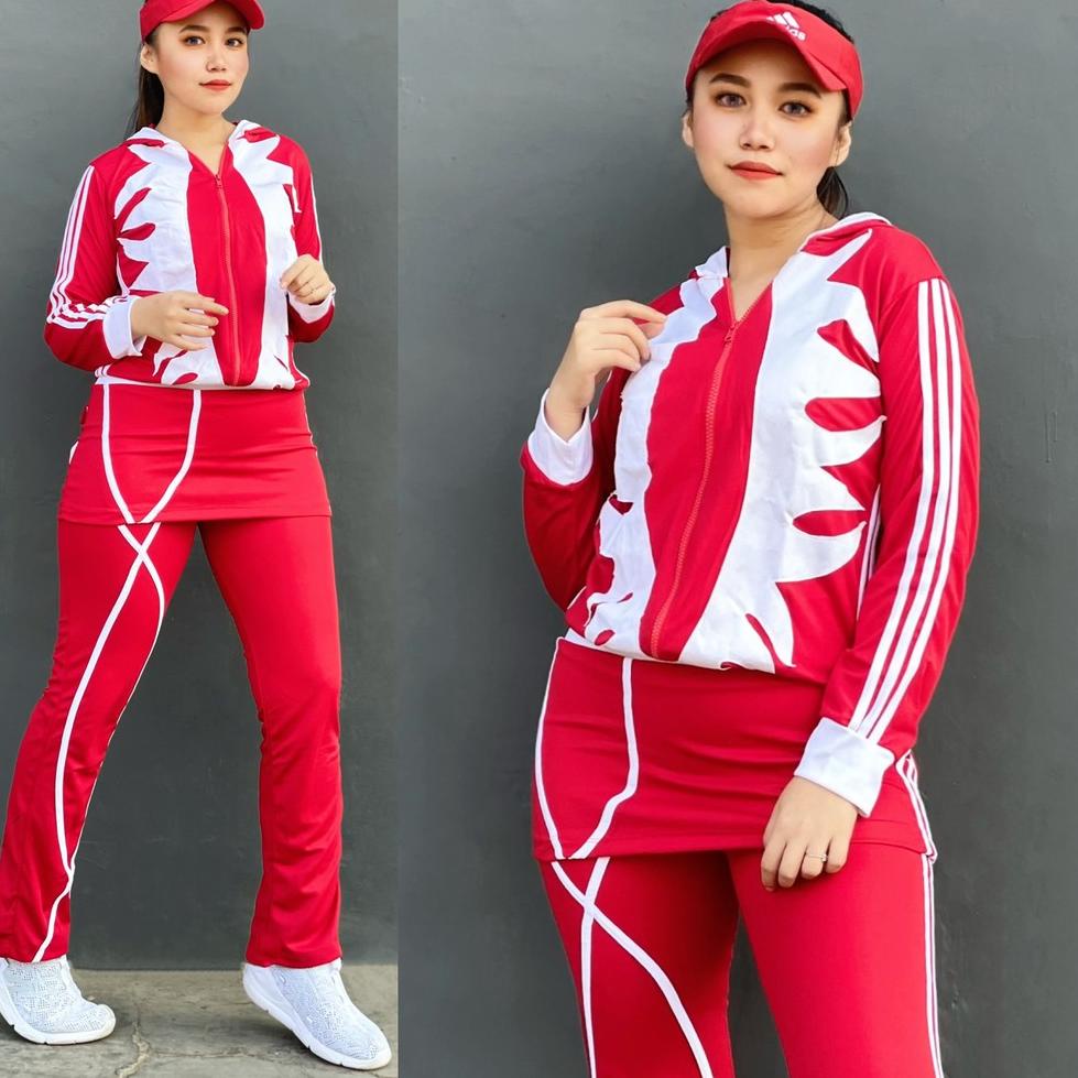 SIAP KIRIM Setelan Baju Senam Lapangan Cakar Panjang Merah Putih Zumba Aerobik Hijab Cycling Olahrag