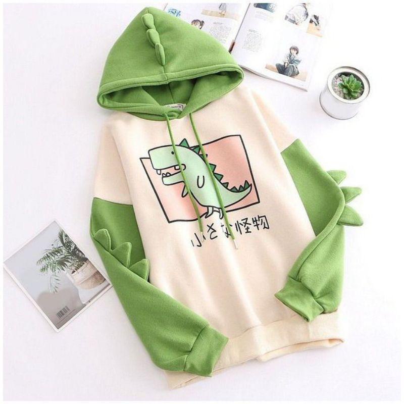 Sweater hoodie Karakter Lucu Dinosaurus Ukuran Dewasa - onesize bahan fleece