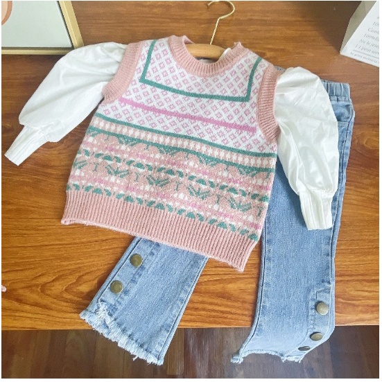 SETELAN 3 IN 1 ANAK CEWEK MODEL ROMPI PINK RAJUT JEANS SIZE 100-140