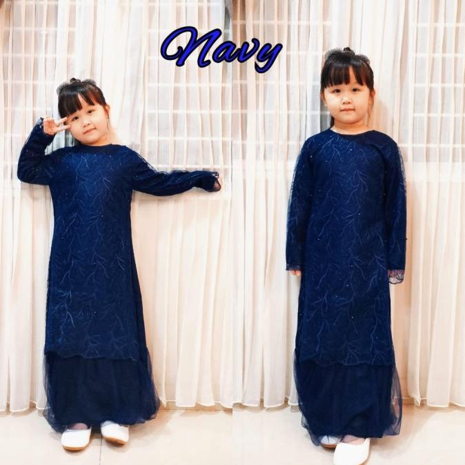 MURAH Gamis Brukat Brokat Anak Perempuan Polos GERALDA Warna BIRU BLUE NAVY