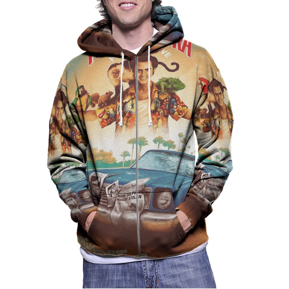 Jaket Hoodie Ace Ventura Fullprint Zipper Hoodie Unisex Bahan Polyester Jersey [Hoodie Ritsleting]