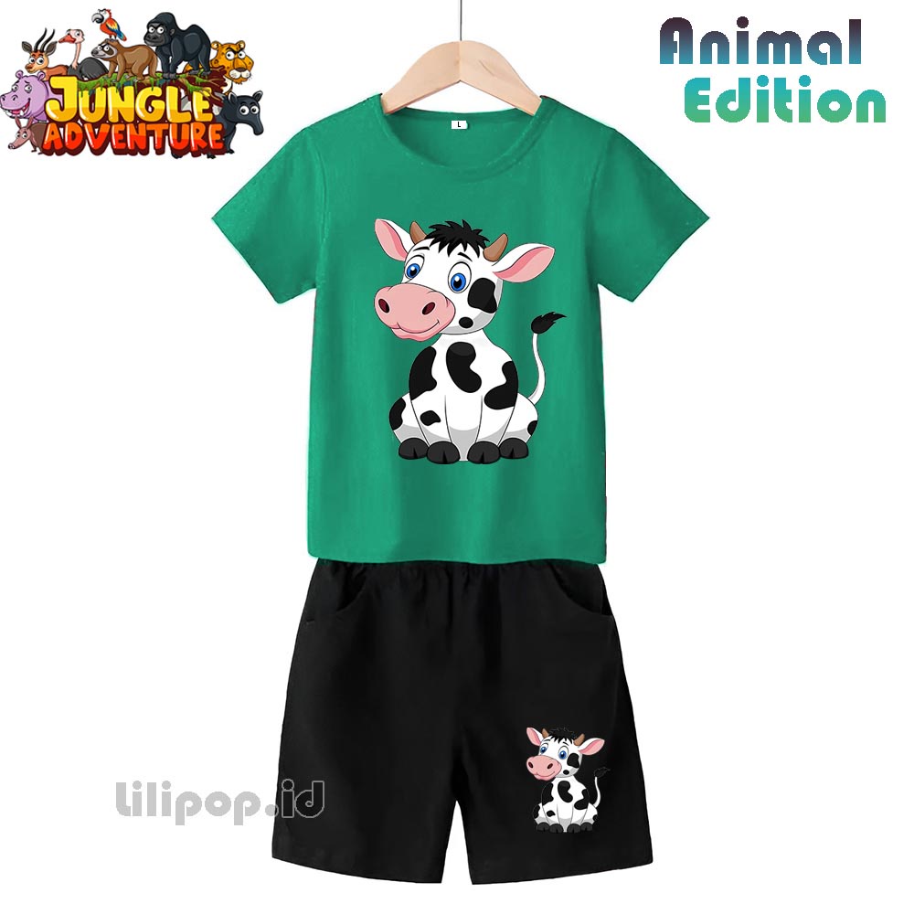 Baju Anak Stelan Kaos 3/4 sapi cow Cowok Cewek  Usia 1 - 4 Tahun Celana Pendek Harian