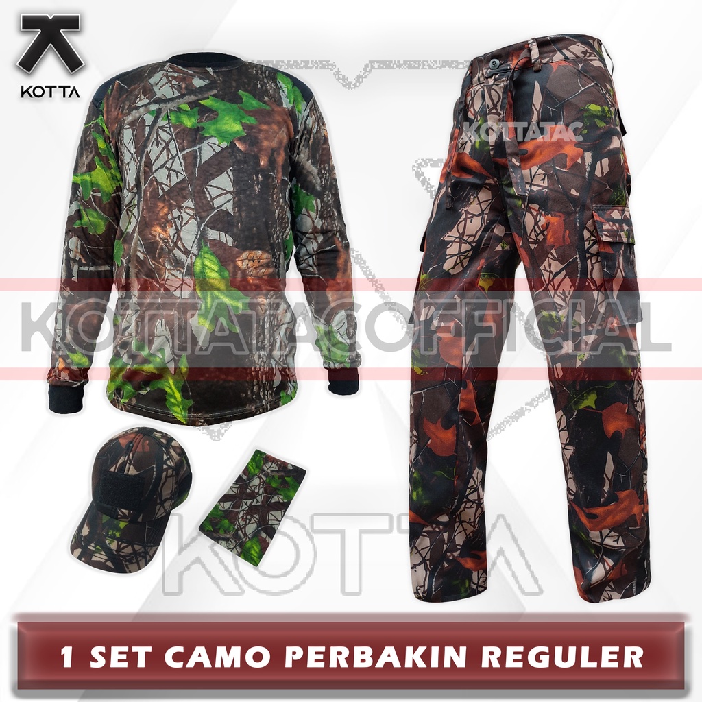 SATU SET SETELAN BAJU KAOS DECKER CELANA TOPI KAMUFLASE CAMO PERBAKIN HUNTING BERBURU DECKER