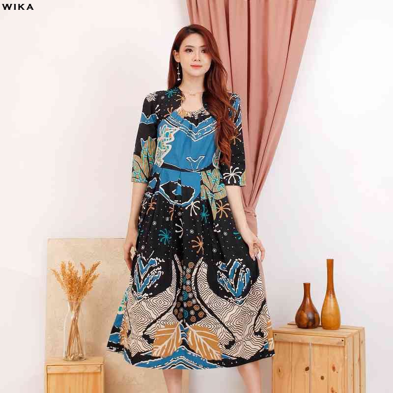 Evercloth Wika Dress Batik Lengan Panjang Wanita Dress Wanita Jumbo Batik Couple Dress Pita A-Line Gaun Batik Pastel Rok Mekar