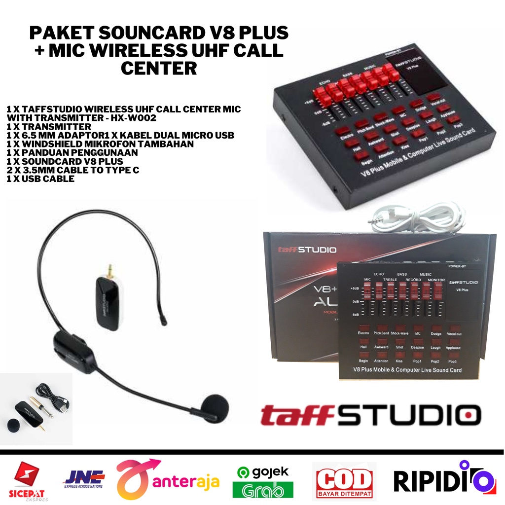 Mic Condensor Wireless UHF with Soundcard V8 Plus TaffStudio Bluetooth