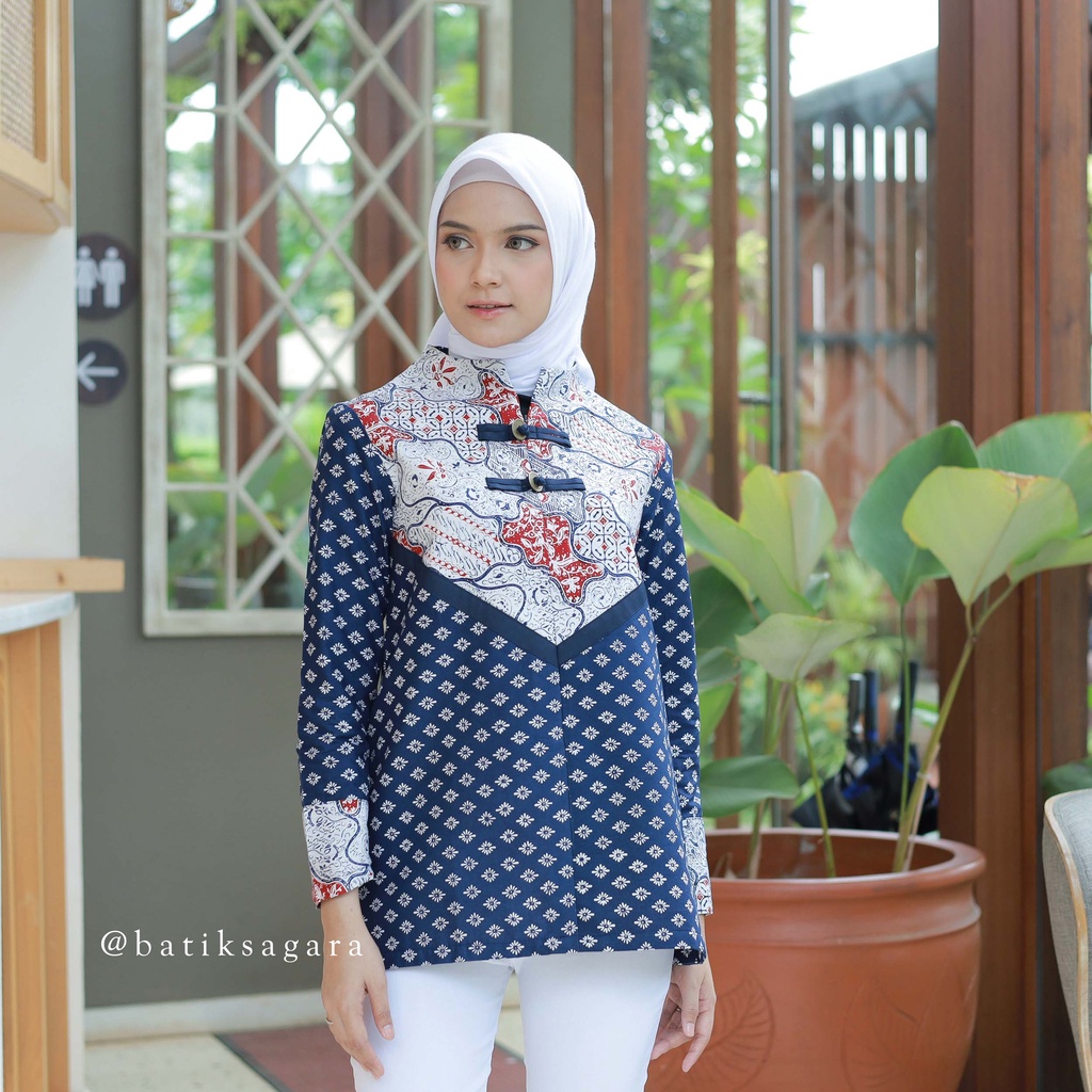 Blouse Batik Arun Navy - Batik Sagara - Atasan Wanita - Atasan Batik Wanita Premium - Batik Kerja el