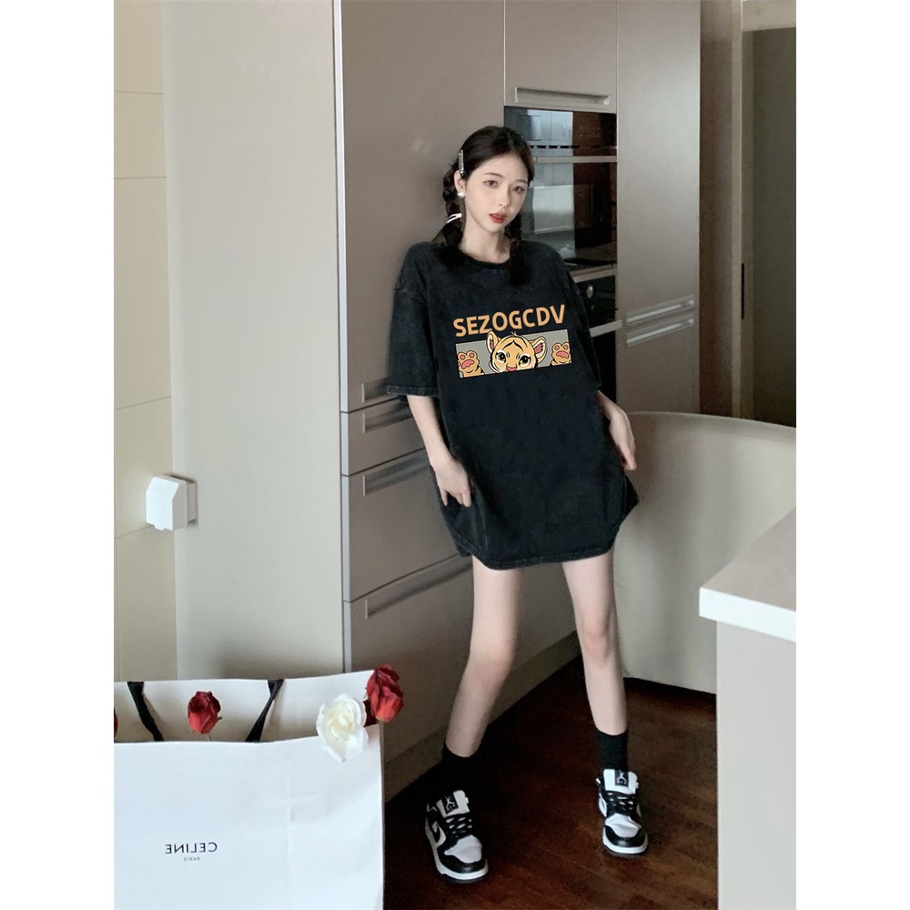 XIAOZHAINV Korean Style Tiger Hitam Pattern Washed Printing Kaos Wanita A0213