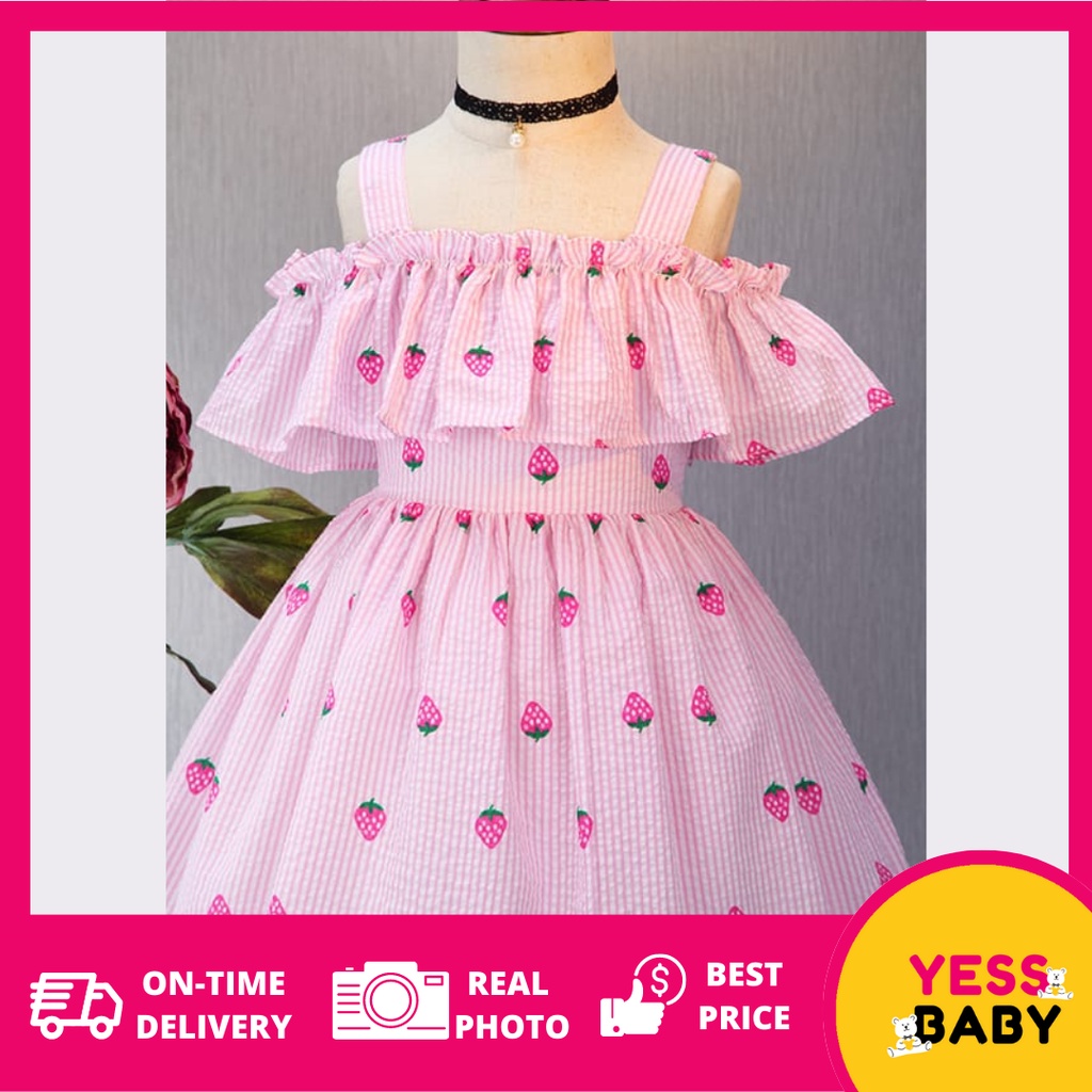 YESSBABY 0-6tahun JOSEPHINE Dress anak perempuan/Gaun bayi/Rok anak/Dress pesta lucu untuk anak/bayi cewek motif strawberry pink