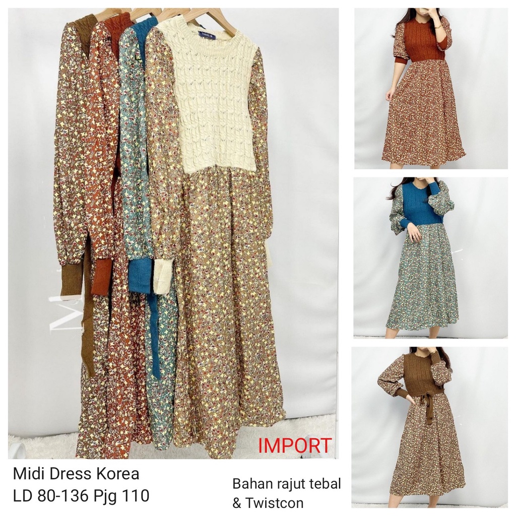 Dress Rajut Premium Korea Lengan Panjang Motif Bunga