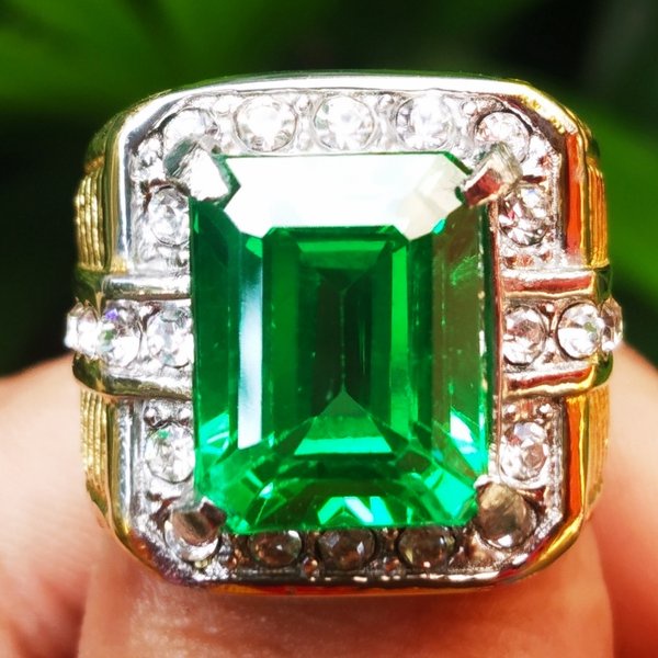 Batu Akik Cincin Titanium Permata Green Aquamarine Hijau Cutting Kotak 3s51