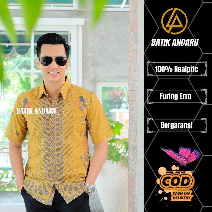 Kemeja Batik Pria Slim Fit Lengan Pendek Modern Elegant Heem Premium Warna Kuning Lemon Yellow