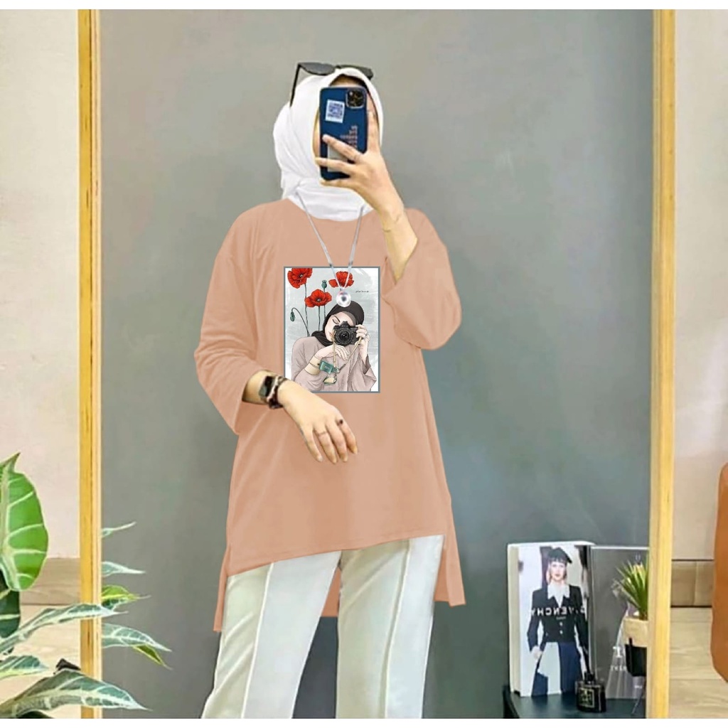 KIYOWO-Baju Atasan Kaos Tunik Blouse Hijab Motif Camera Lengan Panjang Wanita