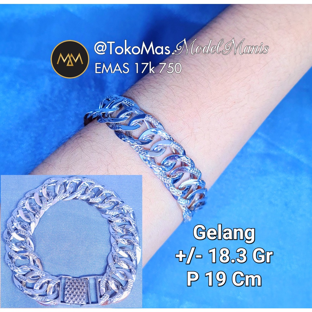 Gelang sisik naga ukir bintang emas putih 750 kadar 17k
